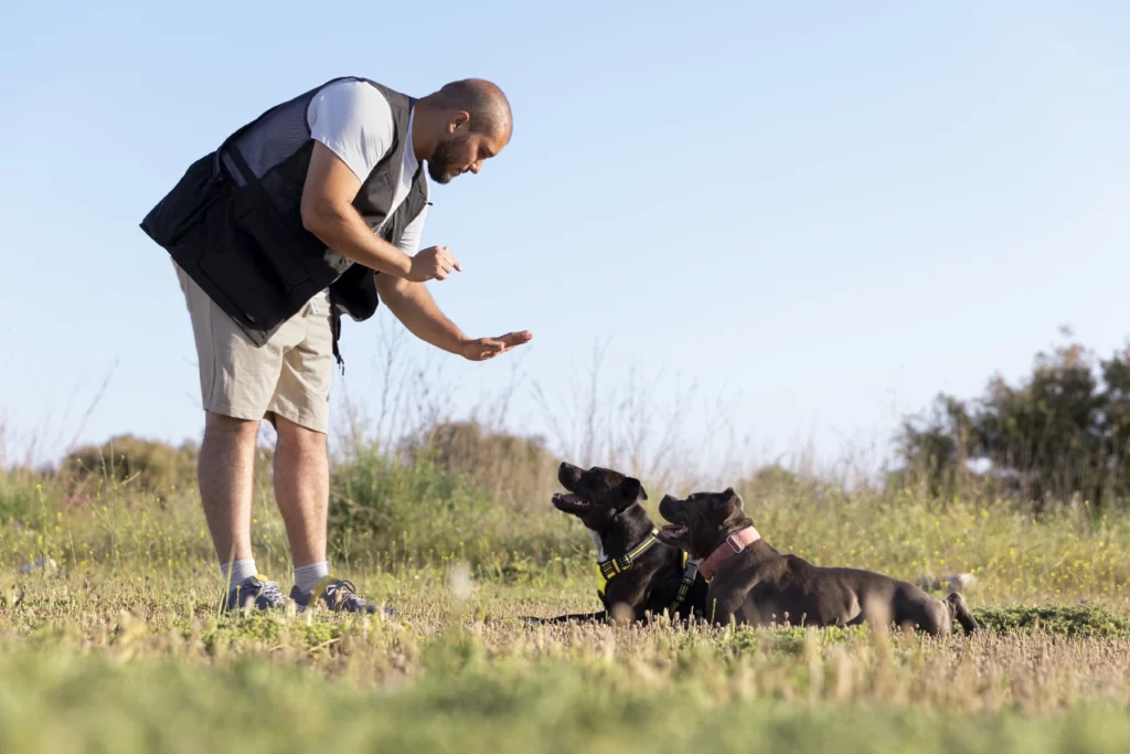 man training two dogs